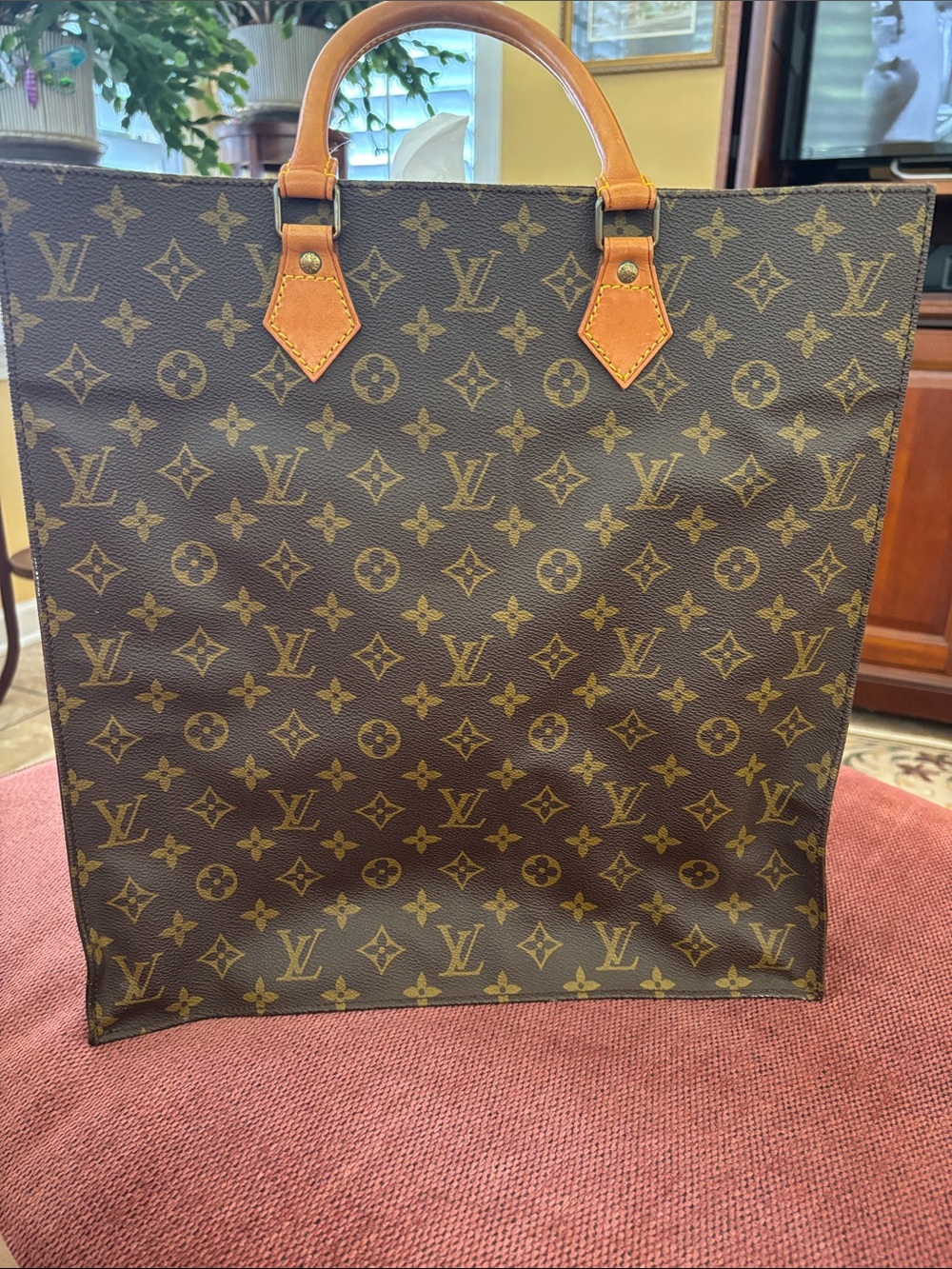 Authentic Louis Vuitton Brown Monogram Canvas Shopper with Tan Leather Handles